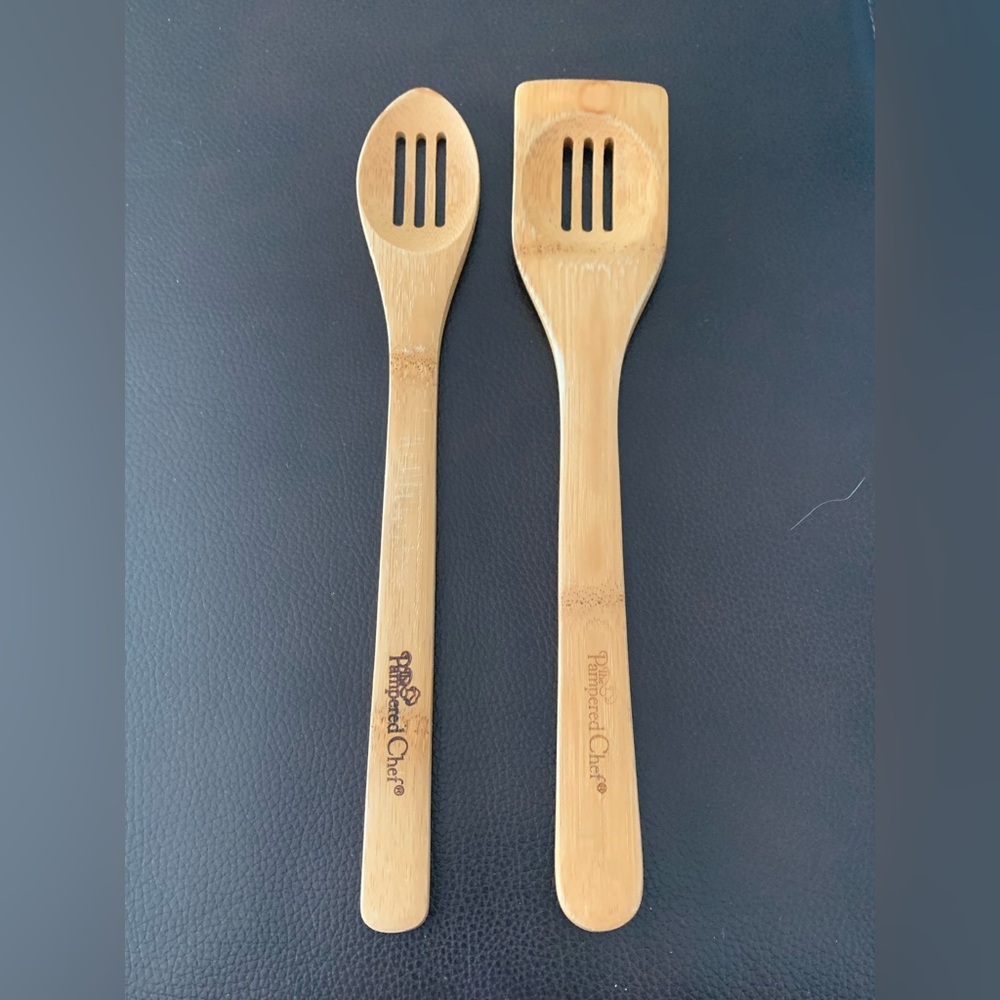 VTG Pampered Chef Slotted Wooden Utensils Bamboo Cooking Spoon Spatula Farmhouse